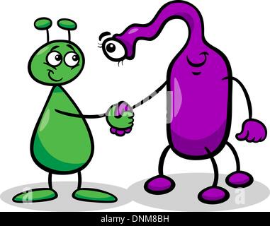 Cartoon-Illustration von zwei lustige Aliens oder Marsmenschen Comic Charaktere Hände schütteln Stock Vektor