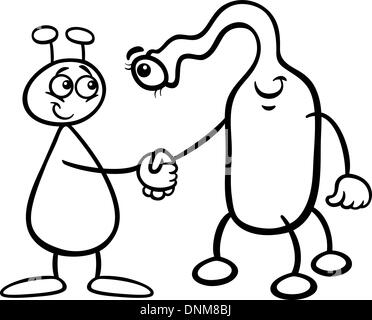 Schwarz / Weiß Cartoon Illustration von zwei lustige Aliens oder Marsmenschen Comicfiguren Händeschütteln für Malbuch Stock Vektor