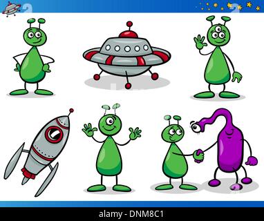 Cartoon Illustrationen Zeichenmenge Fantasy Aliens oder Marsmenschen Comic-Maskottchen Stock Vektor