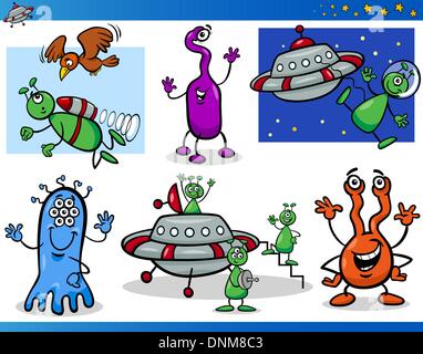 Cartoon Illustrationen Zeichenmenge Fantasy Aliens oder Marsmenschen Comic-Maskottchen Stock Vektor