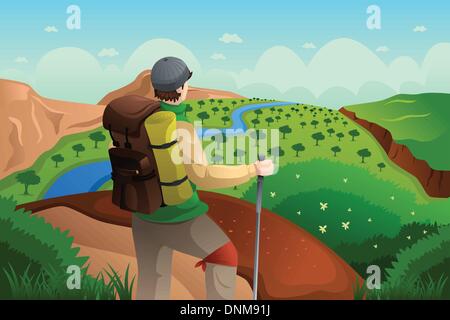 Eine Vektor-Illustration der Wanderer mit Rucksack stehend auf Berg Stock Vektor
