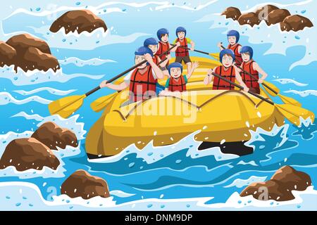 Eine Vektor-Illustration von einer Gruppe von fröhlichen Menschen, rafting auf dem Fluss Stock Vektor