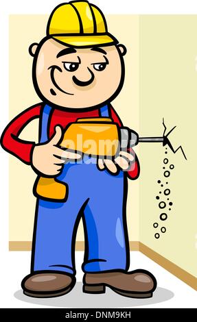Cartoon-Illustration der Mann Arbeiter oder Handwerker Bohren mit Bohrmaschine Stock Vektor