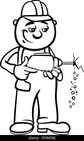 Schwarz / Weiß Cartoon Illustration der Mann Arbeiter oder Handwerker Bohren mit Bohrmaschine für Kinder, Malbuch Stock Vektor