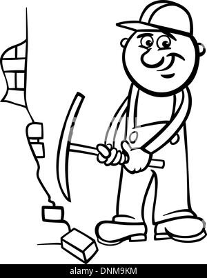 Schwarz / Weiß Cartoon Illustration Mann Arbeitskraft oder Arbeiter Abriss Ziegelwand mit einer Spitzhacke für Kinder Färbung Bo Stock Vektor