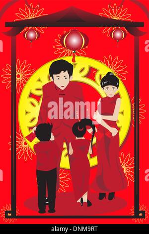 Eine Vektor-Illustration der asiatischen Eltern geben ihren Kindern rote envelopes(hongbao) feiert Chinesisches Neujahr Stock Vektor
