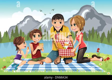 Eine Vektor-Illustration einer Familie mit einem Picknick in einem park Stock Vektor