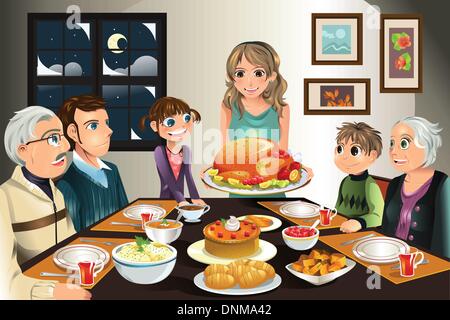 Eine Vektor-Illustration einer Familie mit einem Thanksgiving-Dinner zusammen Stock Vektor