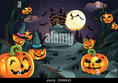 Eine Vektor-Illustration von Halloween-Hintergrund mit Kürbissen und gruselige Schloss und fliegende Fledermäuse Stock Vektor