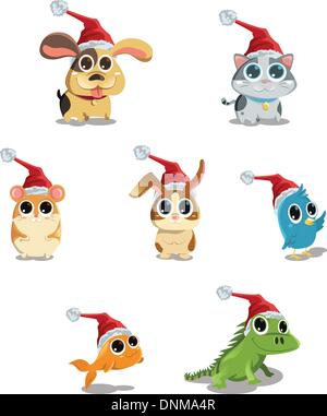 Eine Vektor-Illustration von niedlichen Tieren trägt Weihnachtsmütze Stock Vektor