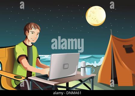 Eine Vektor-Illustration eines Mannes mit einem Laptop beim camping am Strand Stock Vektor