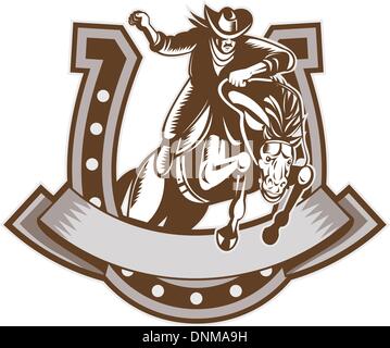 Retro-Stil Illustration ein Rodeo Cowboy Reiten springen Bronco springen mit Hufeisen im Hintergrund und Schriftrolle im Vordergrund in Holzschnitt getan. Stock Vektor