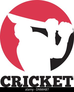 Beispiel für ein Cricket-Sport-Schlagmann mit der Wimper betrachtet von vorne mit Cricketball in die Mitte und Worte "Cricket" Stock Vektor