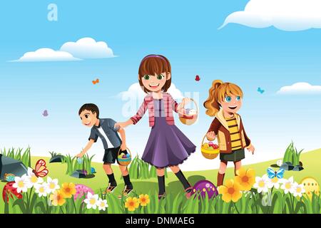 Eine Vektor-Illustration von Ostern zu feiern, indem Sie auf eine Ostereiersuche gehen Kinder Stock Vektor