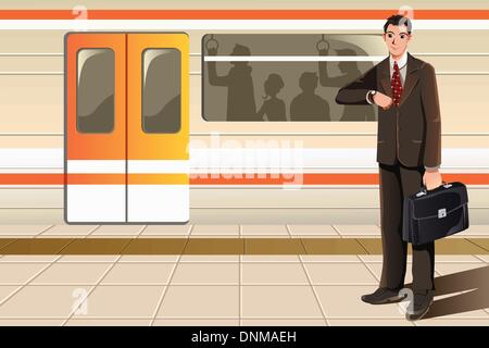Eine Vektor-Illustration eines Geschäftsmannes warten auf u-Bahn Stock Vektor