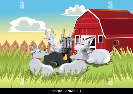 Eine Vektor-Illustration von einem Ziegenbock, umgeben von weiblichen Ziegen in einer farm Stock Vektor