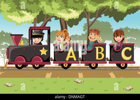 Eine Vektor-Illustration von einer Gruppe von Kindern reiten einen Alphabet Zug Stock Vektor