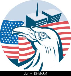 Beispiel für ein American Eagle Flagge und Twin Tower Bauset isoliert auf weißem Kreis Stock Vektor