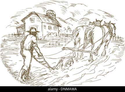 Hand gezeichnet skizzierte Vektor-Illustration eines Landwirts und Pferd Pflügen das Feld mit Scheune Bauernhaus Stock Vektor