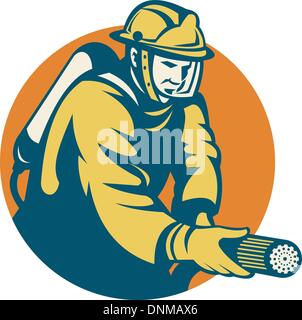 Beispiel für ein Feuerwehrmann oder Feuerwehrmann mit dem Ziel, eine Feuer-Schlauchset innerhalb eines Kreises getan im retro-Stil Stock Vektor