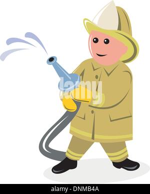 Illustration der Feuerwehrmann Feuerwehrmann im Cartoon-Stil fertig isoliert auf weiss hält einem Feuer Wasserschlauch Stock Vektor