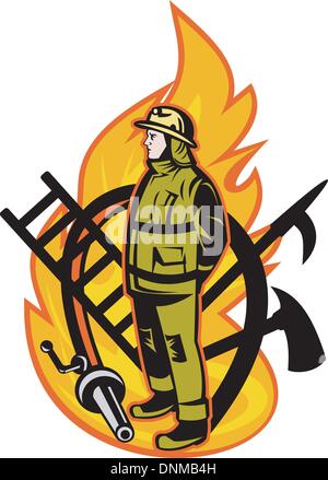 Illustration von einem Feuerwehrmann mit Axt Leiter, Speer, Haken und Feuer Schlauch. Stock Vektor