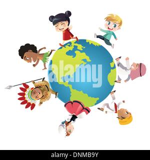 Eine Vektor-Illustration von Kindern in verschiedenen Nationalitäten, gekleidet in ihren traditionellen Kleidern herumlaufen der Welt, kann u Stock Vektor