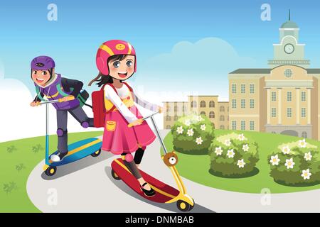 Eine Vektor-Illustration von fröhlicher Junge und Mädchen reiten Scooter im park Stock Vektor