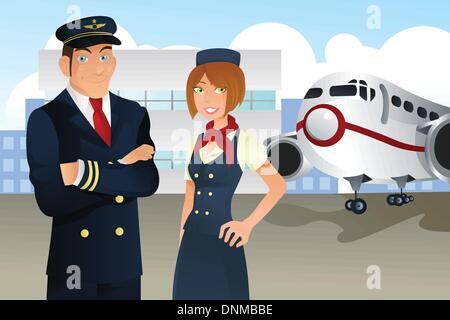 Eine Vektor-Illustration ein Pilot und eine Stewardess im Flughafen Stock Vektor