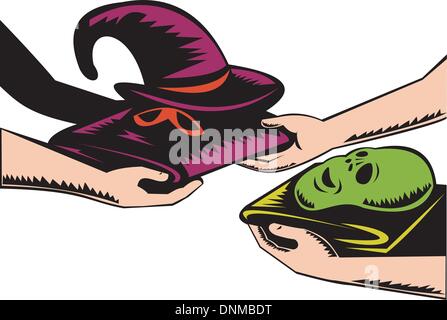 Illustration von zwei paar Hände, die Austausch von Halloween-Masken auf isolierten weißen Hintergrund Retro-Stil. Stock Vektor