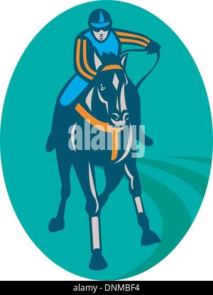 Abbildung von einem Pferd und Jockey racing Race Track-Vorderansicht Stock Vektor