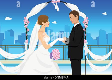 Eine Vektor-Illustration der glückliche Bräutigam seine Braut Hand hält Stock Vektor