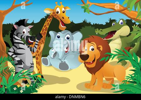 A vector illustration of a group of wild African animals in the jungle Stock Vektor