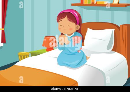 Eine Vektor-Illustration niedliche kleine Mädchen beten vor dem Schlafengehen Stock Vektor