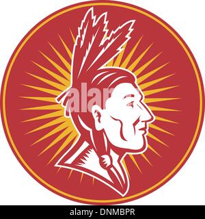 Abbildung von einem indianischen Häuptling mit drei Federn-Seitenansicht Stock Vektor