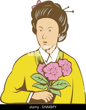 Abbildung einer japanischen Frau im Kimono mit Blumen Stock Vektor