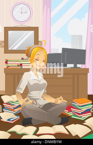 Eine Vektor-Illustration eine Geschäftsfrau, die Yoga im Büro zu tun Stock Vektor
