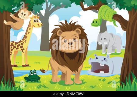 Eine Vektor-Illustration der wilden Dschungeltiere im Tierreich Stock Vektor