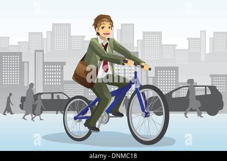 Eine Vektor-Illustration eines Geschäftsmannes, der mit dem Fahrrad Stock Vektor