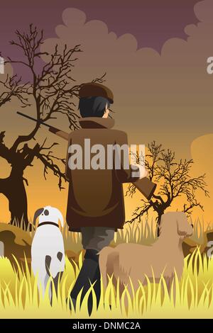 Eine Vektor-Illustration eines Jägers Jagd mit seinen zwei Hunden gehen Stock Vektor