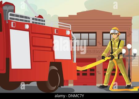 Eine Vektor-Illustration arbeiten, ziehen Sie den Schlauch aus seinem Feuerwehrauto Feuerwehrmann Stock Vektor