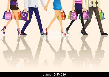 Eine Vektor-Illustration des Einkaufens Menschen Einkaufstaschen tragen Stock Vektor