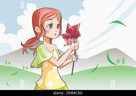 Eine Vektor-Illustration eines Mädchens weht ein Windrad Stock Vektor