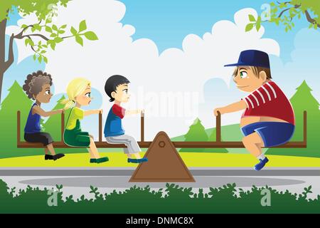 Eine Vektor-Illustration ein großes Kind spielen siehe sah mit drei kleinen Kindern, eignet sich für Balance-Konzept Stock Vektor