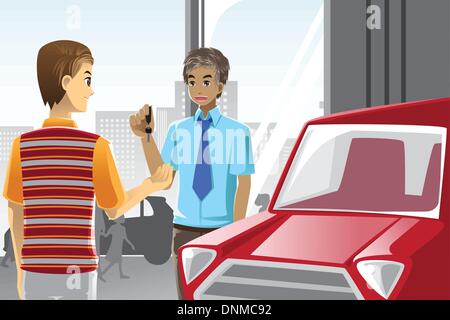 Eine Vektor-Illustration eines Mannes aus ein Autoverkäufer in einem Autohaus Autokauf Stock Vektor