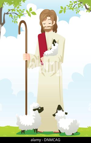 Eine Vektor-Illustration von Jesus mit zwei Schafen Stock Vektor