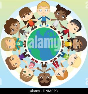 Eine Vektor-Illustration der Multi ethnischen Gruppe der Kinder Hand in Hand rund um den Globus Stock Vektor