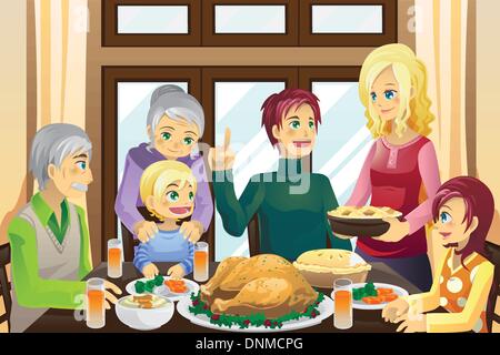 Eine Vektor-Illustration einer Familie mit einem Thanksgiving-Dinner zusammen Stock Vektor