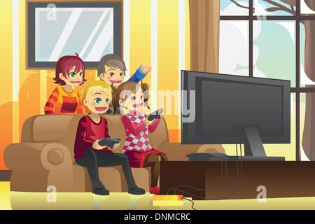 Eine Vektor-Illustration von Kindern spielen von Videospielen zu Hause Stock Vektor