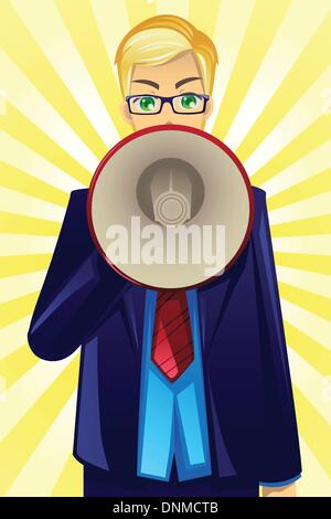 Eine Vektor-Illustration eines Geschäftsmannes sprechen durch ein Megaphon Stock Vektor